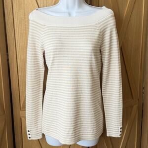 White House Black Market Gold and Ivory Striped Boatneck Long Sleeve Shirt Small